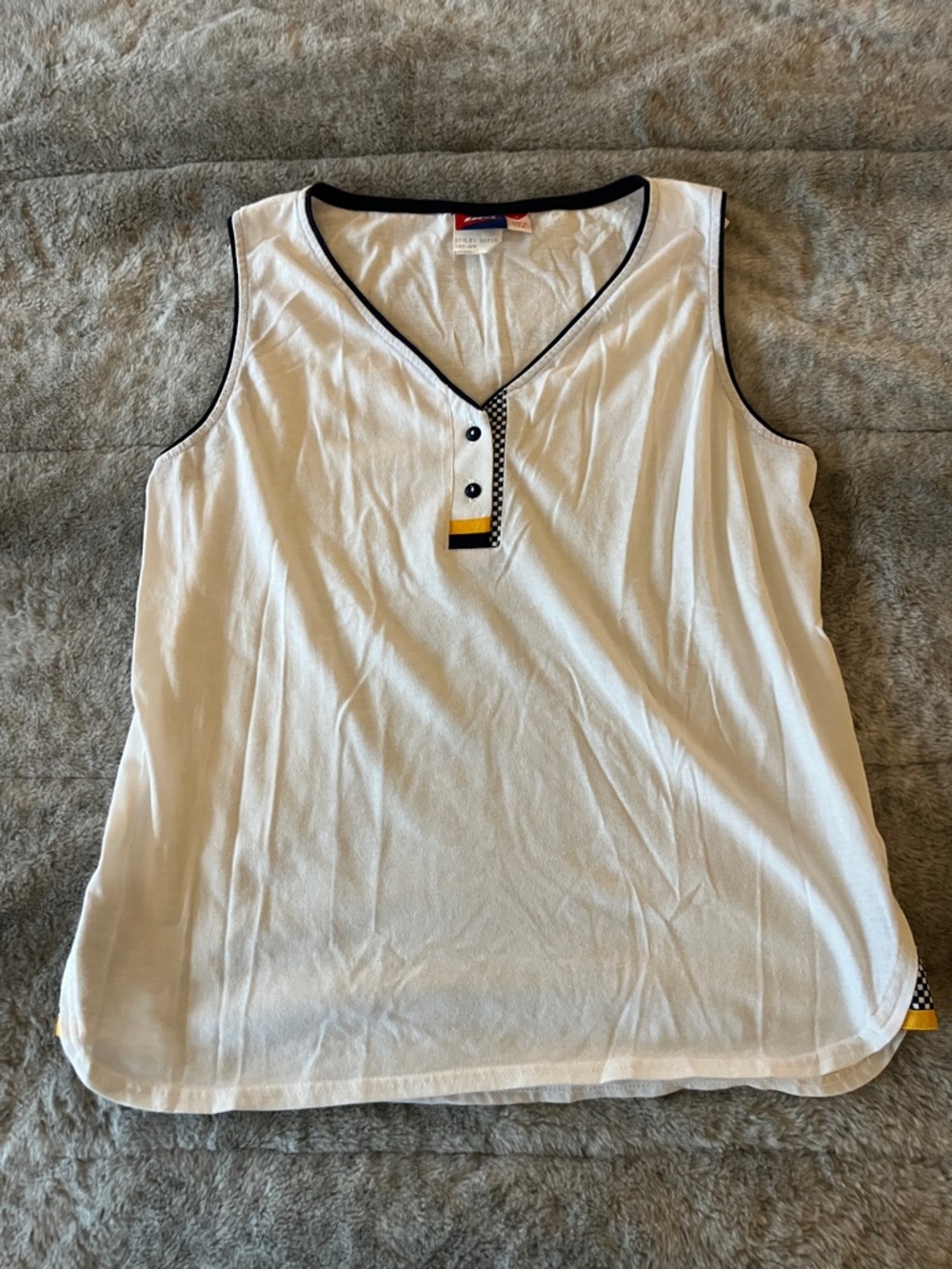 Tail White Sleeveless V-Neck Tank with Navy Trim and Yellow Accent